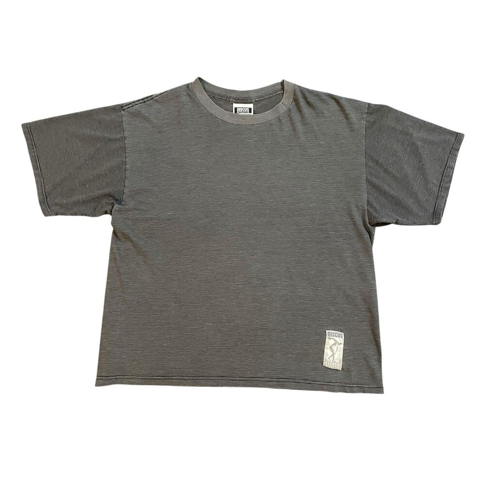 Vintage 90s Discus Athletic Dark Grey Black Striped Faded Tee Shirt Size Medium